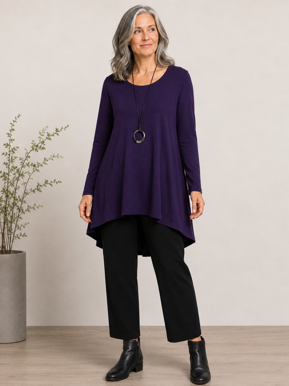 Bryn Walker Purple Bamboo Blend High-Low Swing Tunic Top Made in USA